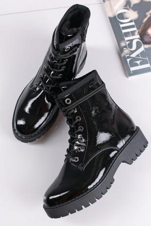Čierne lakované šnurovacie členkové topánky 5-26213 #1 small