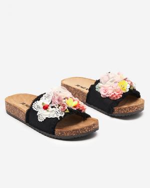 Dámske papuče s látkovými kvetmi čiernej farby Ososi- Obuv
