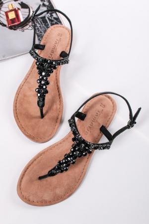 Čierne kožené nízke sandále s kamienkami 1-28124 #1 small